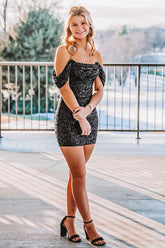 Glitter Black Off the Shoulder Sequins Bodycon Short Homecoming Dress